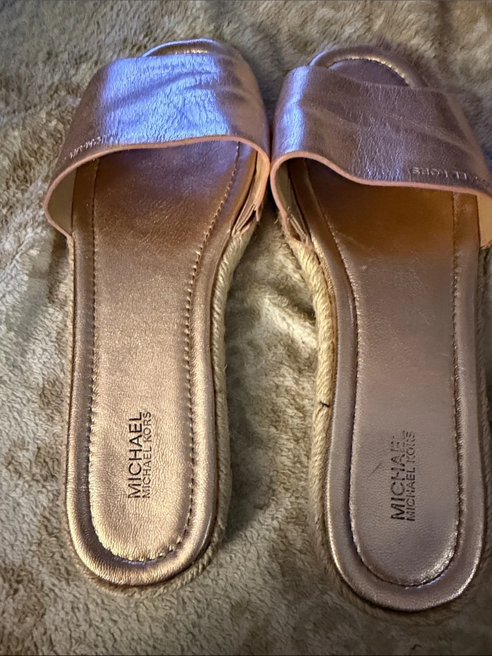 Michael Kors Metallic Rose Gold Leather Espadrille Slide Sandals Size 10